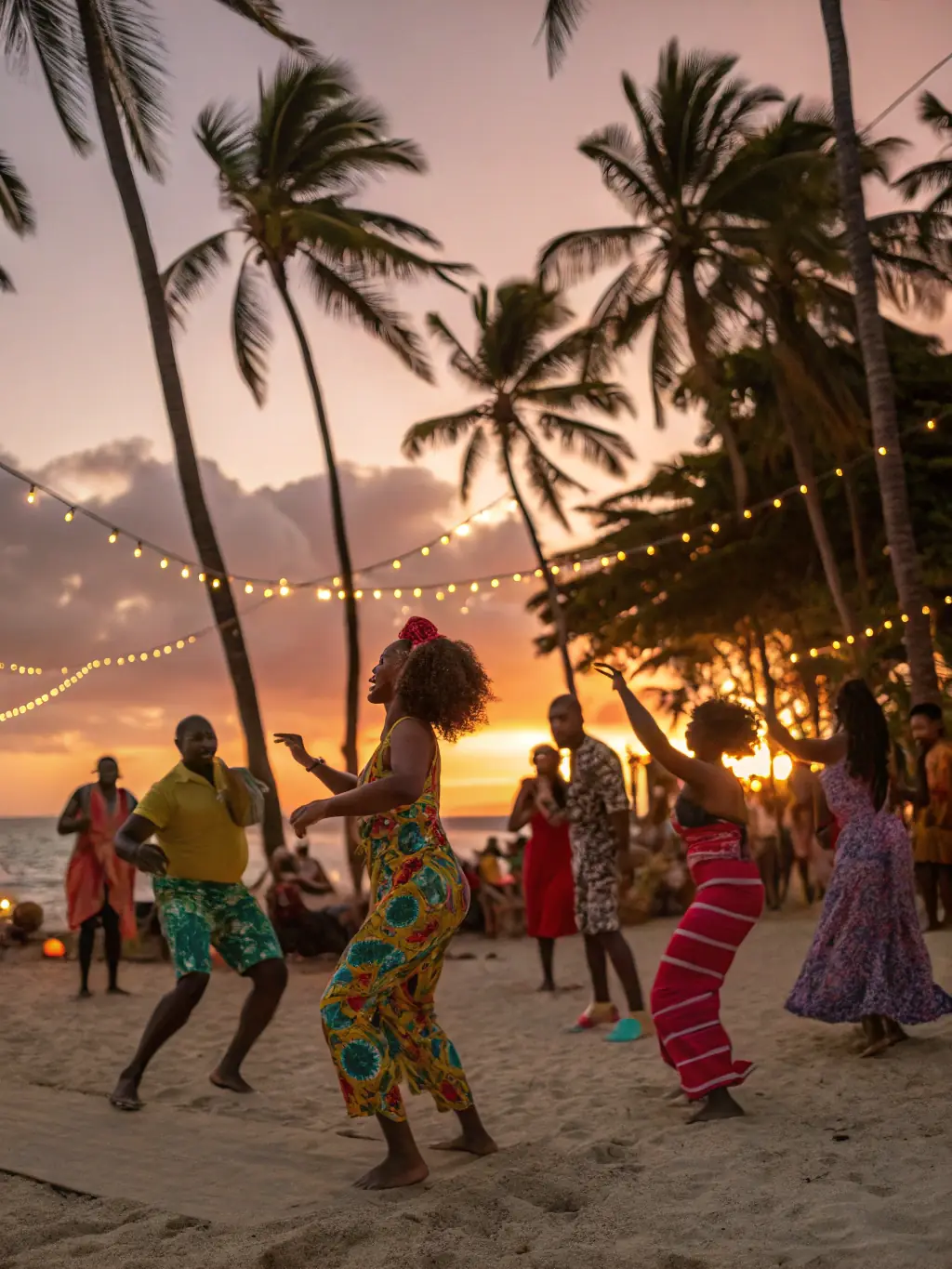 A lively beach party with people enjoying music, dancing, and tropical drinks under the sun, capturing the vibrant atmosphere of a pre-festival beach party.