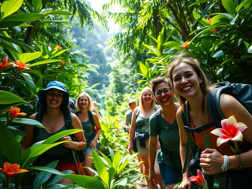 An inspiring image of a group of adventurers exploring the lush rainforests of St. Lucia, hiking to a hidden waterfall and enjoying the breathtaking views of the island's natural beauty.