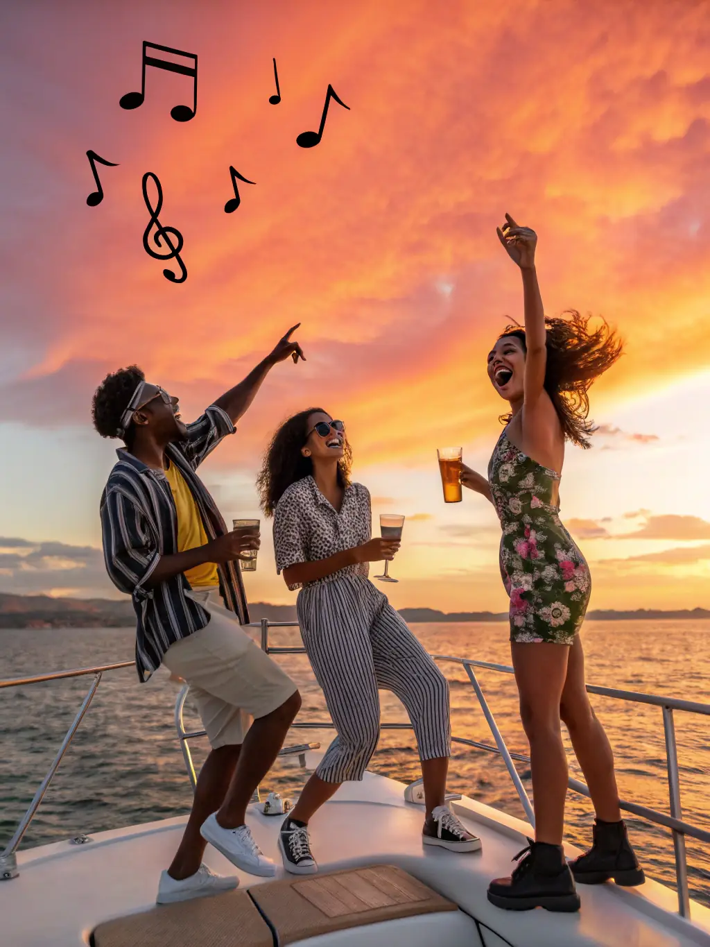 A vibrant image of a boat cruise during sunset, with people enjoying music and drinks, capturing the essence of a pre-festival boat party organized by Prefest Global.
