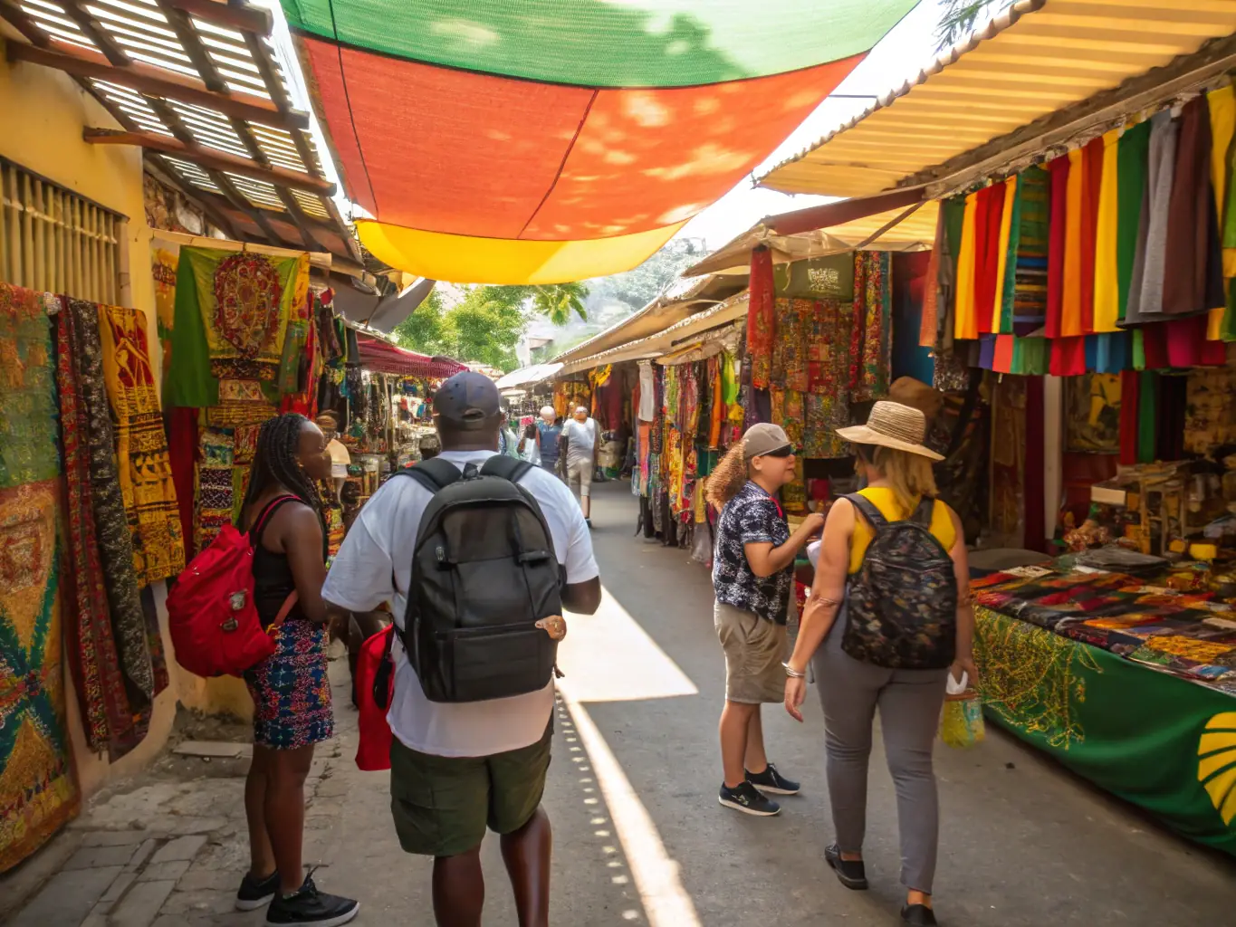 A vibrant image showcasing a group of travelers enjoying a guided tour through a local market in Kingston, Jamaica, sampling exotic fruits and interacting with vendors, capturing the essence of a cultural immersion experience.